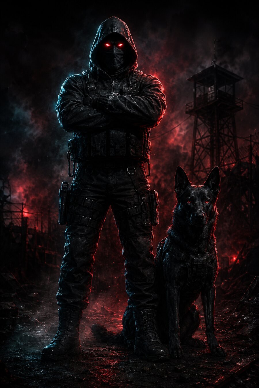The Operator and the pack's lead dog stand watch beneath the tower.